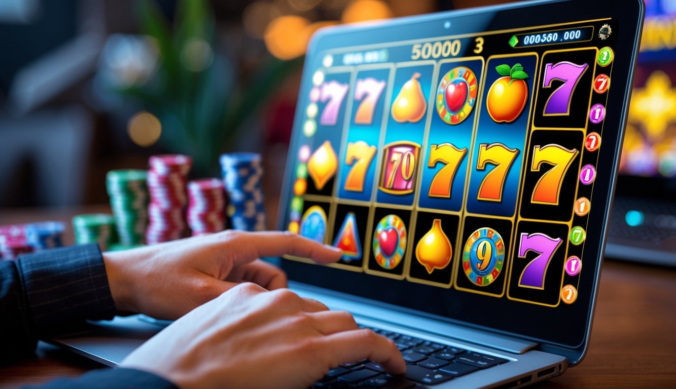 Tangan seseorang sedang bermain mesin slot online di layar smartphone dengan latar dalam ruangan yang nyaman.