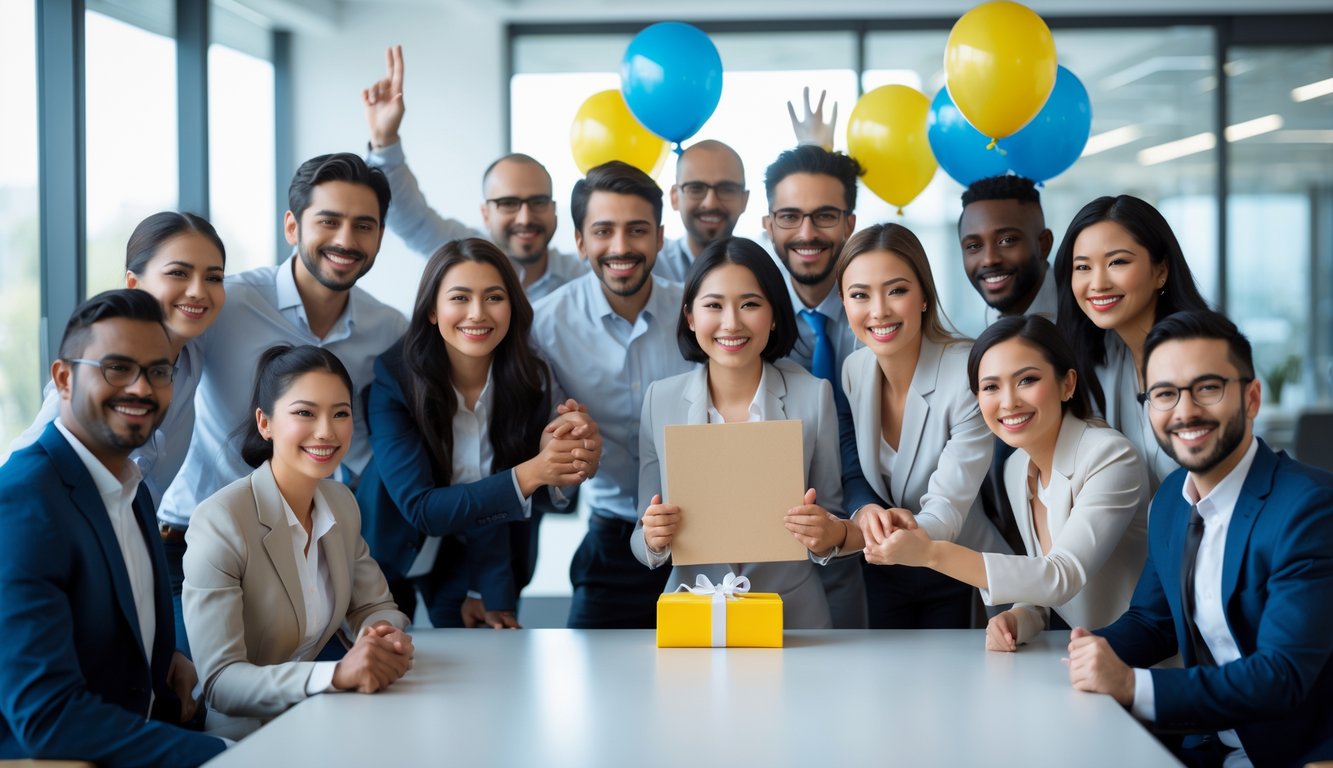Sekelompok profesional di kantor merayakan anggota baru bernama Judi Bola dengan senyum dan hadiah kecil.