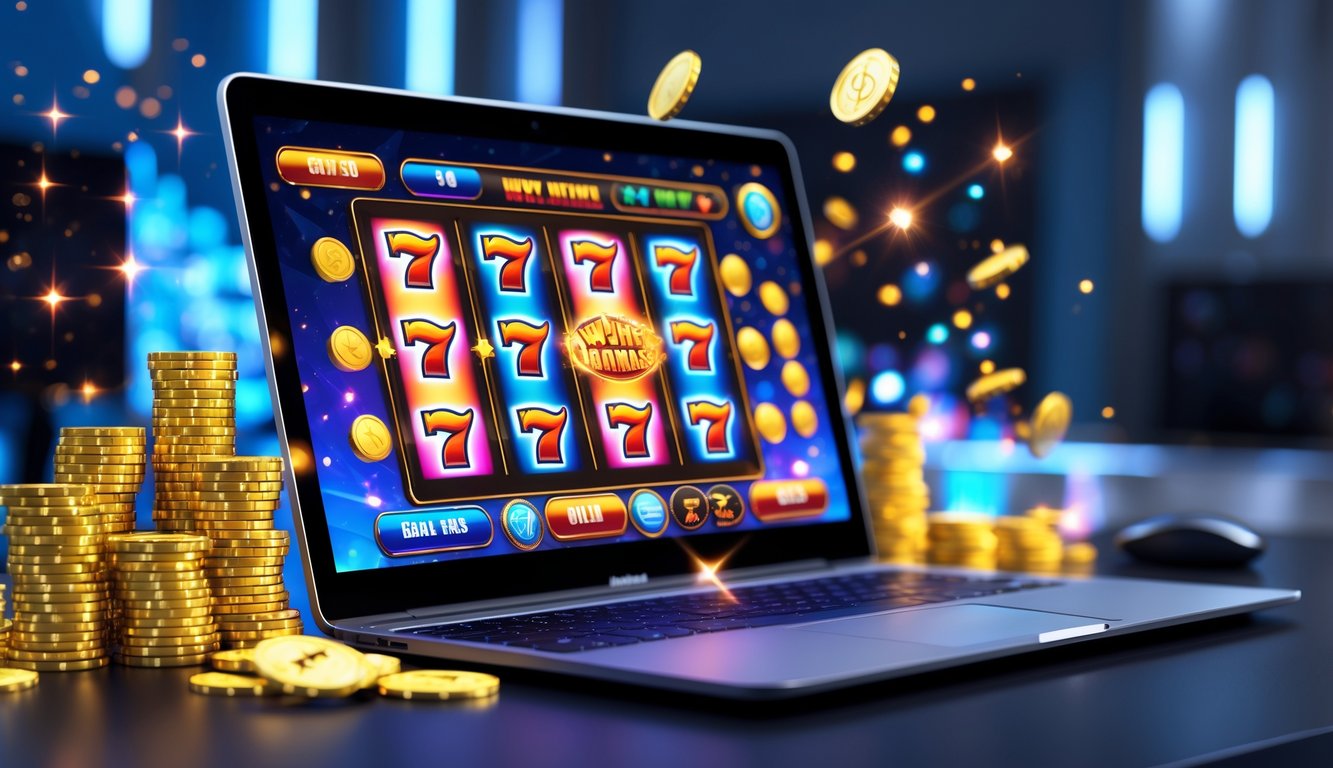 Seseorang sedang bermain permainan slot online di komputer dengan tampilan grafik warna-warni dan koin emas di sekitar meja.