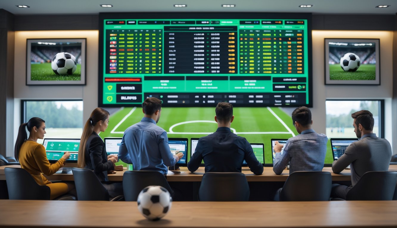 Sejumlah orang sedang melihat layar digital besar dengan informasi taruhan sepak bola di ruangan modern.