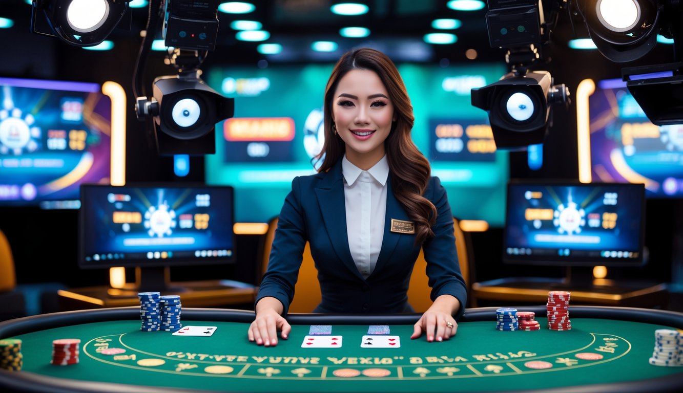 Seorang dealer profesional duduk di meja kasino dengan kartu dan chip, dikelilingi kamera dan layar monitor di studio kasino.