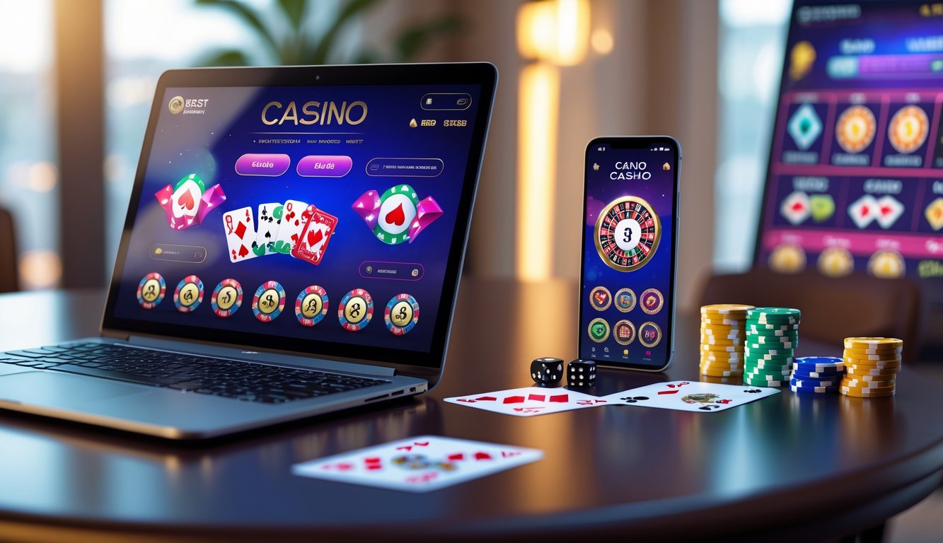Meja kerja dengan laptop dan ponsel yang menampilkan antarmuka kasino online, dikelilingi oleh kartu remi, dadu, dan chip kasino.
