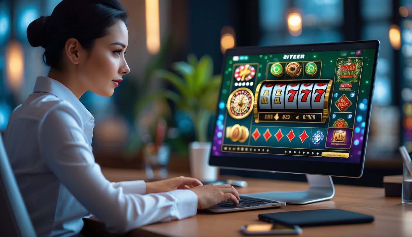 Seseorang duduk di depan komputer dengan tampilan permainan kasino online, fokus dan serius sambil menganalisis strategi bermain.