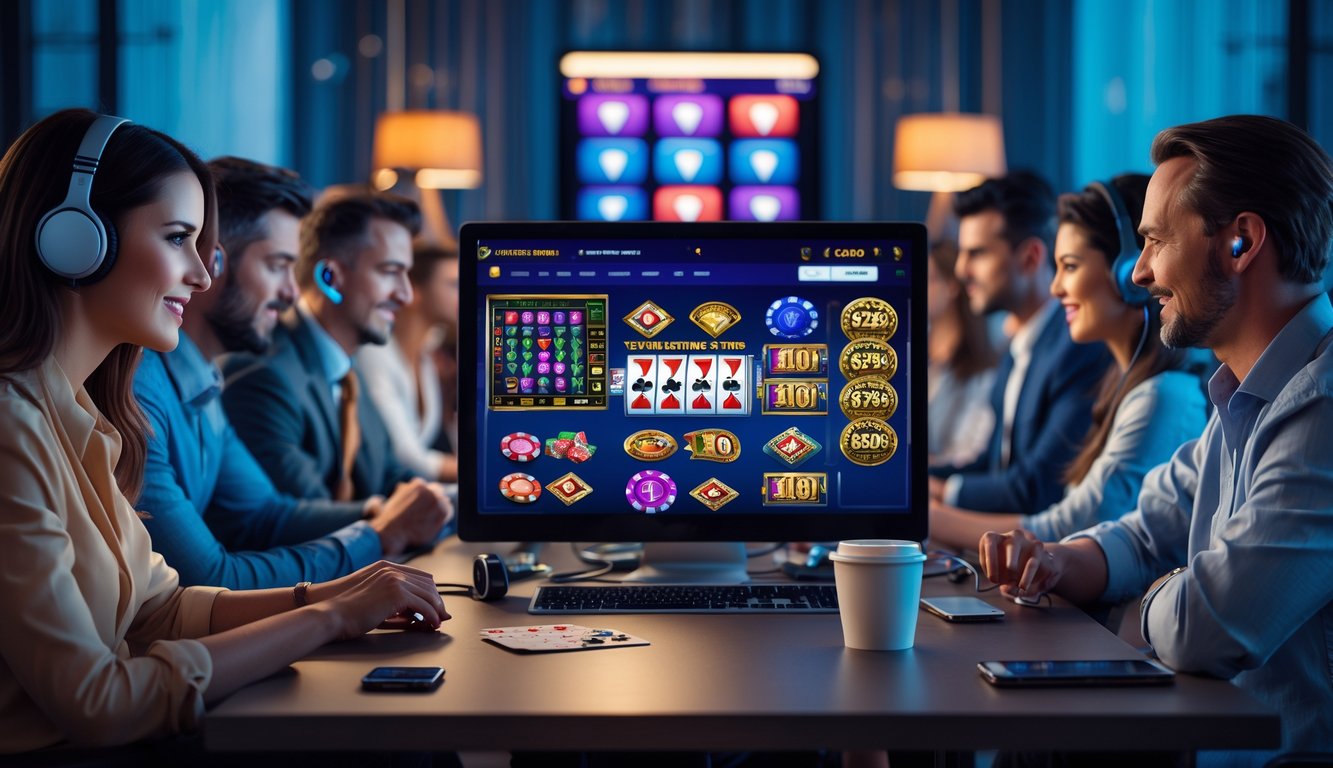 Orang-orang duduk di depan komputer dengan layar menampilkan permainan kasino virtual, fokus bermain di ruangan yang nyaman.