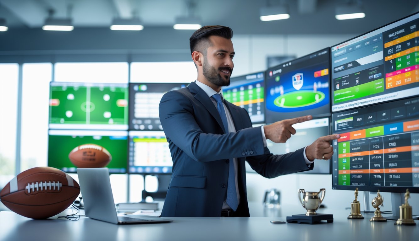 Seorang agen judi olahraga sedang berdiskusi dengan klien di kantor modern dengan layar besar menampilkan peluang taruhan olahraga.