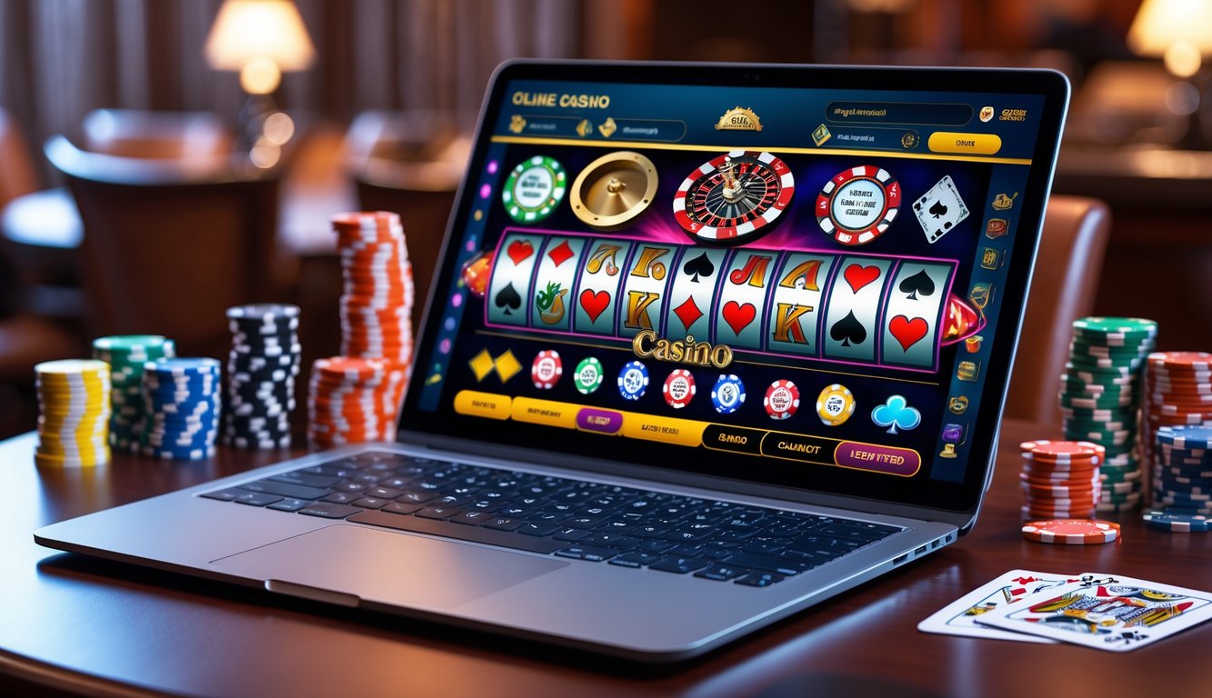 Sebuah perangkat elektronik di atas meja kayu dengan permainan kasino online yang menampilkan mesin slot, kartu poker, dan chip kasino.