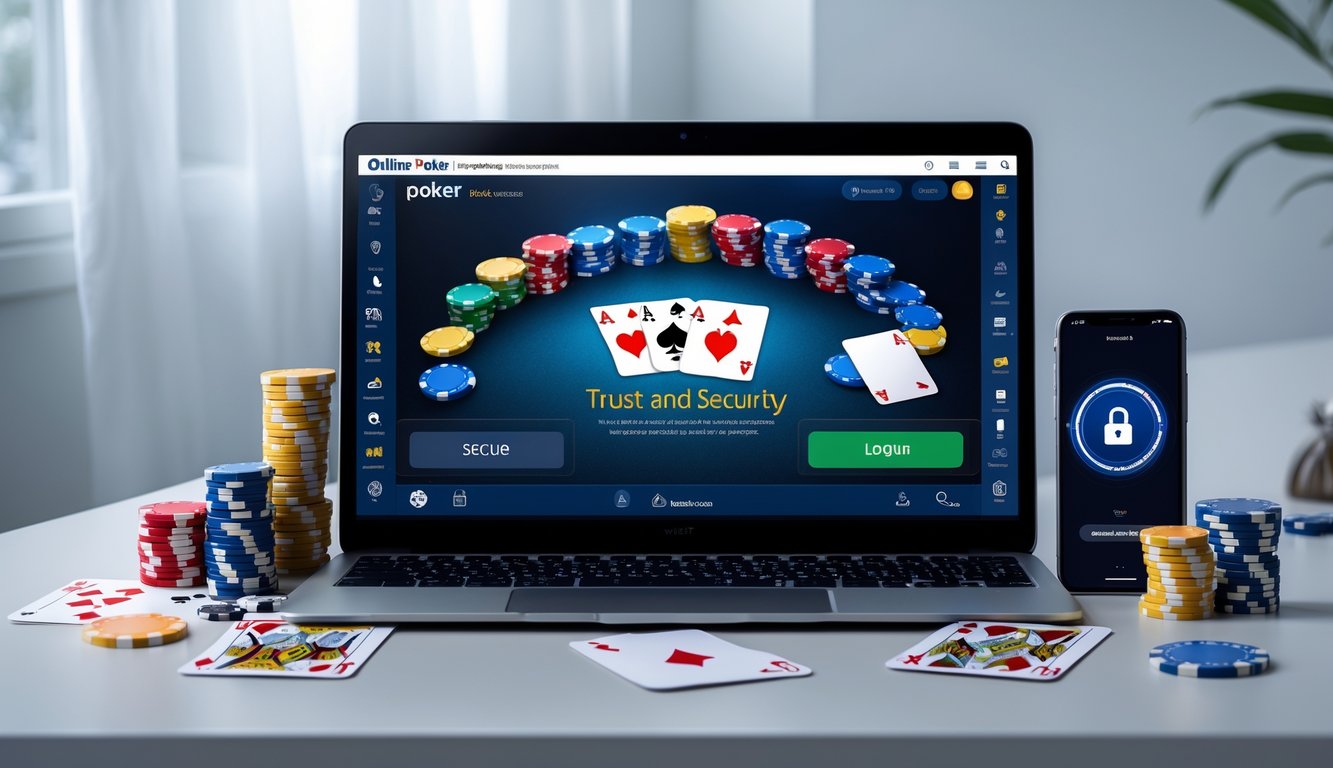 Sebuah laptop dengan permainan poker online di layar, dikelilingi chip poker dan kartu, di atas meja kerja yang rapi.