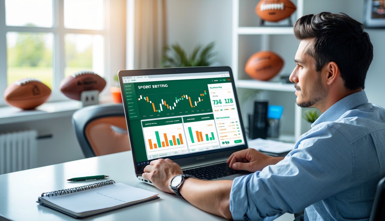 Seorang pria muda duduk di meja kerja dengan laptop, menganalisis data taruhan olahraga secara online di ruang kerja yang rapi dengan perlengkapan olahraga di latar belakang.