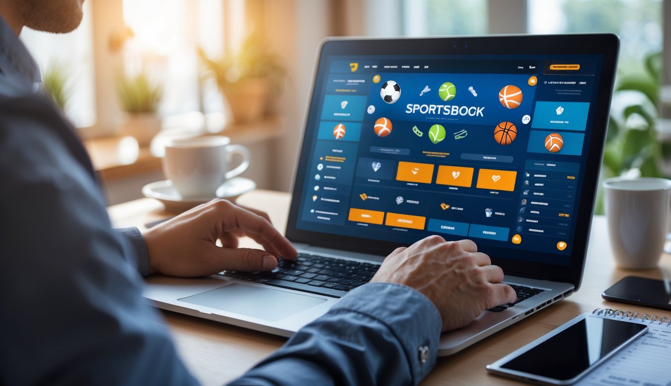 Seseorang menggunakan laptop di meja kerja dengan tampilan situs taruhan olahraga online dan beberapa alat tulis di sekitar.