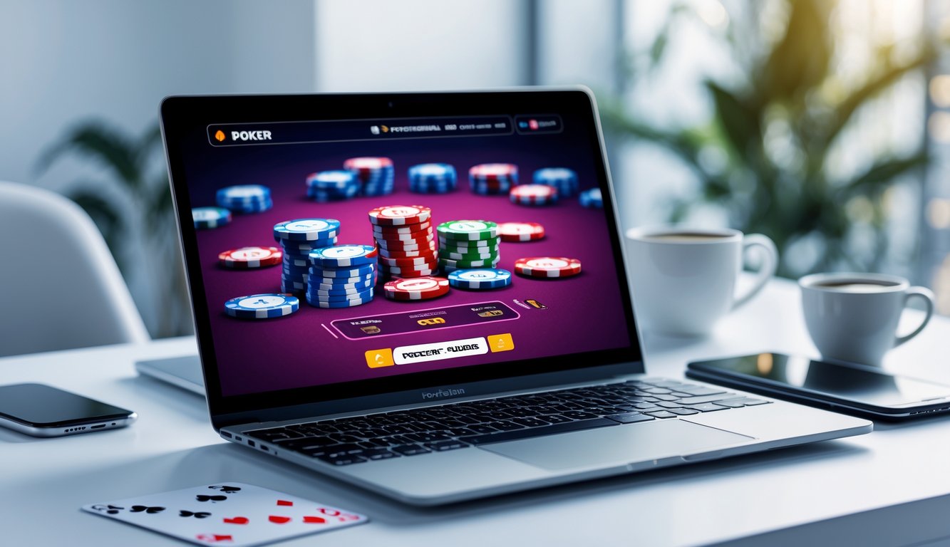 Seorang pria menggunakan laptop dengan permainan poker online yang terlihat di layar di sebuah meja kerja yang rapi.