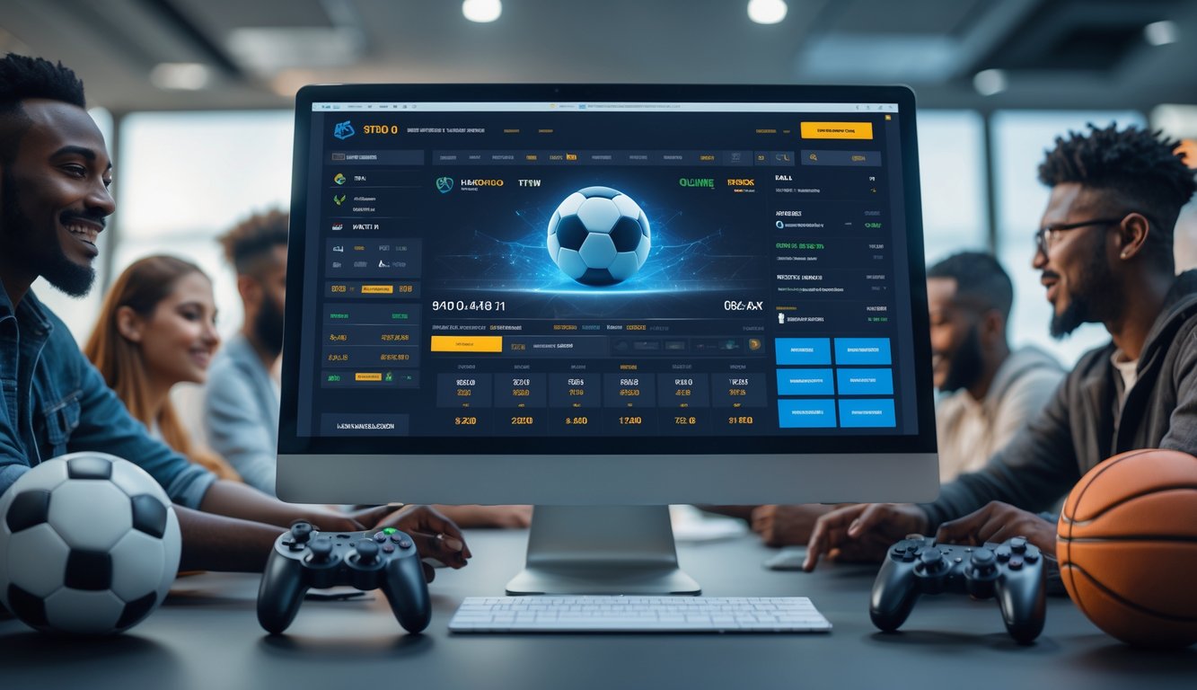 Orang-orang sedang menggunakan komputer untuk memasang taruhan olahraga online dengan simbol sepak bola dan esports di sekitar mereka.