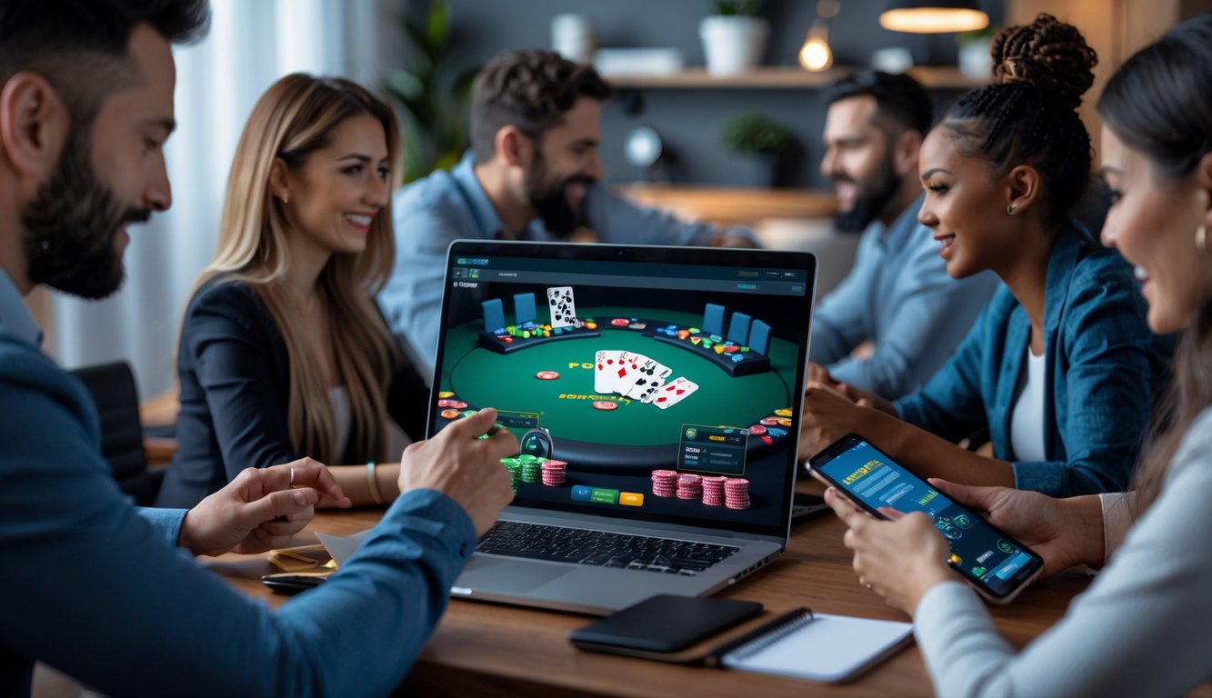 Beberapa orang dewasa bermain poker online menggunakan laptop dan ponsel di ruangan yang nyaman.