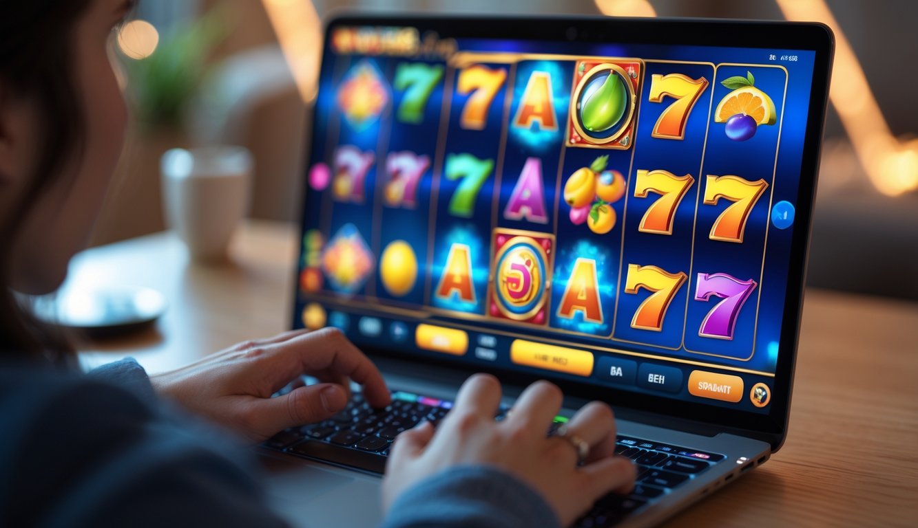 Seseorang sedang bermain game slot online di laptop dengan tampilan permainan yang berwarna-warni.