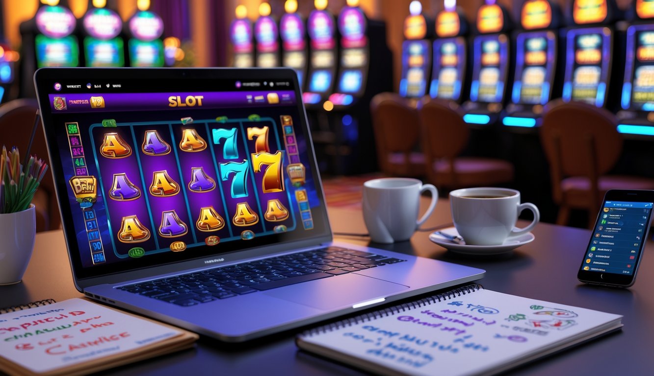 Seorang pemain duduk di depan laptop dengan layar permainan slot online, dikelilingi catatan dan ponsel, di latar belakang terlihat mesin slot yang menyala.