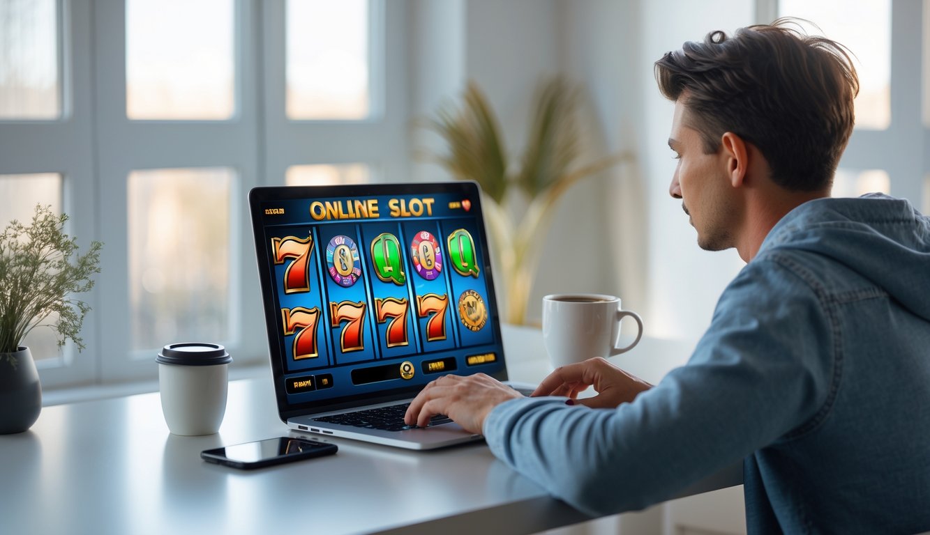 Seseorang sedang bermain judi slot online menggunakan laptop di meja kerja dengan suasana ruangan yang terang dan rapi.