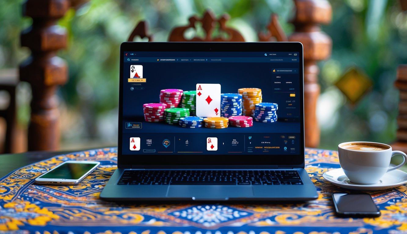Seorang pemain poker online menggunakan laptop dengan tumpukan chip poker dan kartu di layar, di atas meja dengan hiasan batik dan suasana kerja yang rapi.