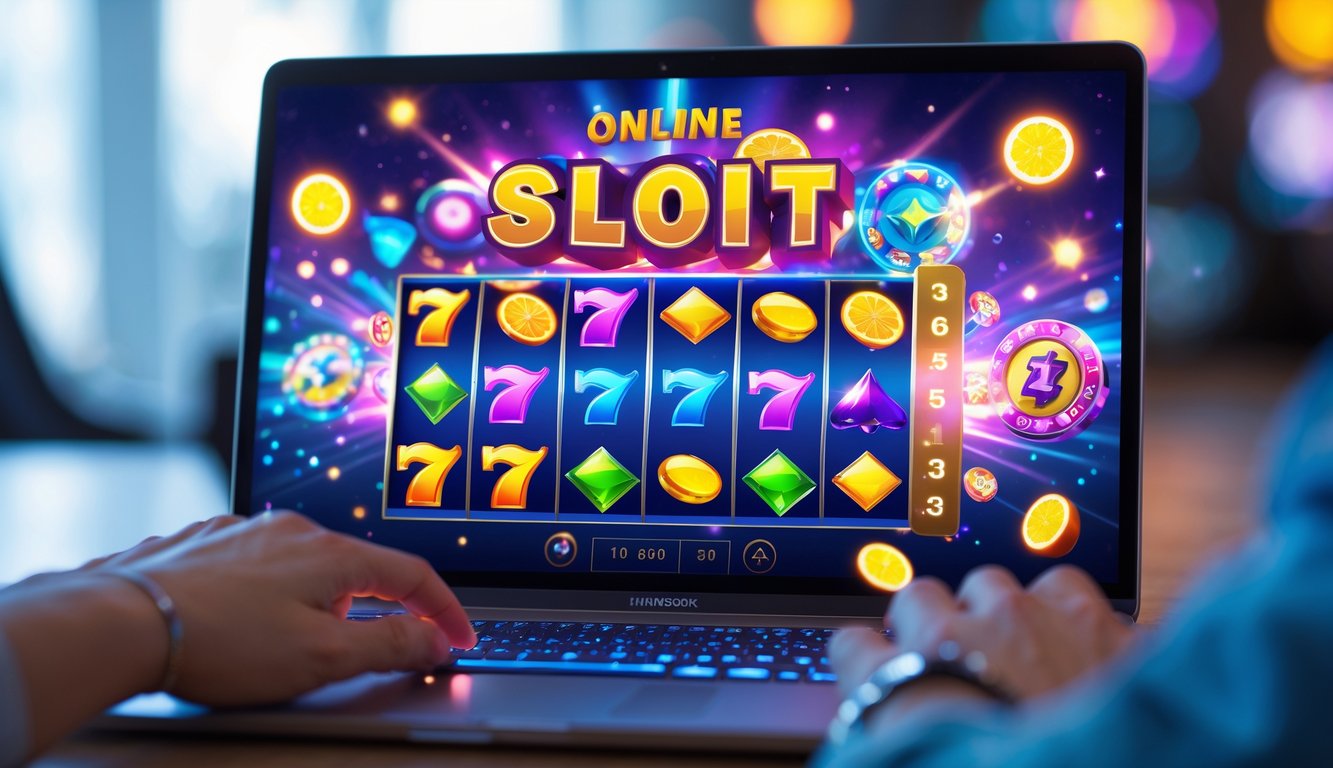 Seorang pemain sedang menggunakan komputer dengan permainan slot online yang berwarna-warni di layar.