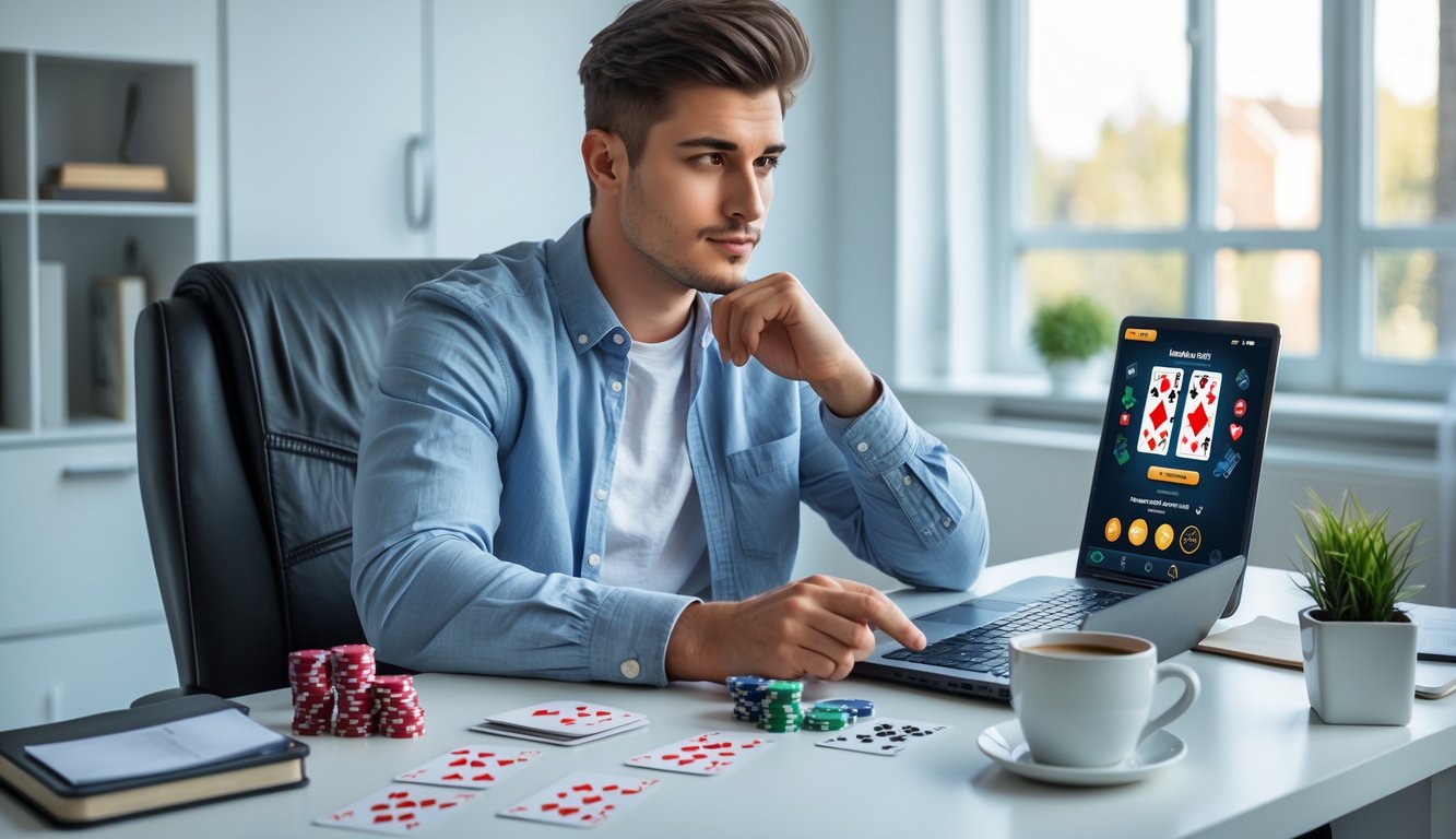 Seorang pria muda duduk di meja dengan laptop, kartu remi, dan chip poker, terlihat fokus dan sedang merencanakan strategi bermain kartu online.