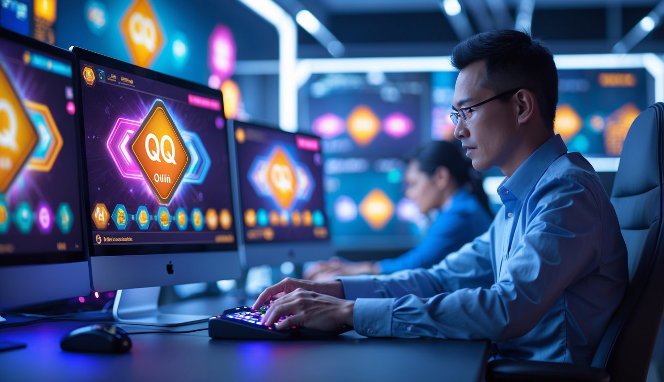 Seorang pemain dewasa sedang fokus menggunakan komputer dengan tampilan permainan kartu digital di meja taruhan online.