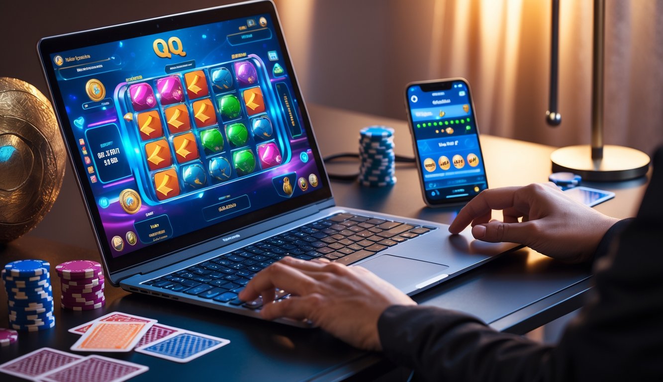 Meja kerja dengan laptop yang menampilkan permainan kartu online, chip poker, dan tangan seseorang yang sedang bermain.