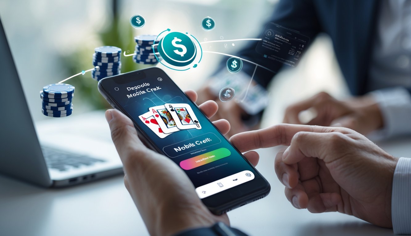 Seseorang memegang ponsel dengan aplikasi poker online terbuka, siap melakukan deposit menggunakan pulsa.