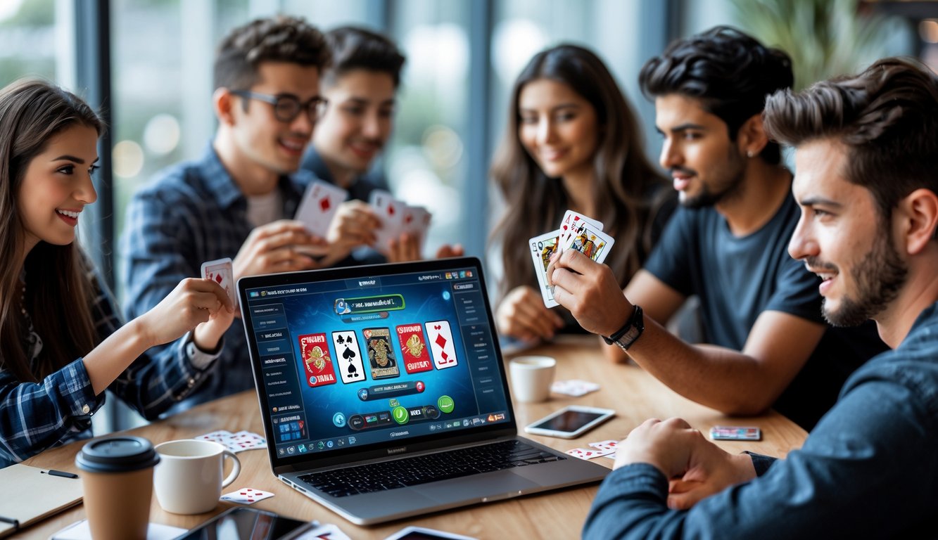 Sekelompok orang muda bermain kartu secara online di depan laptop di ruang kerja yang terang dan nyaman.