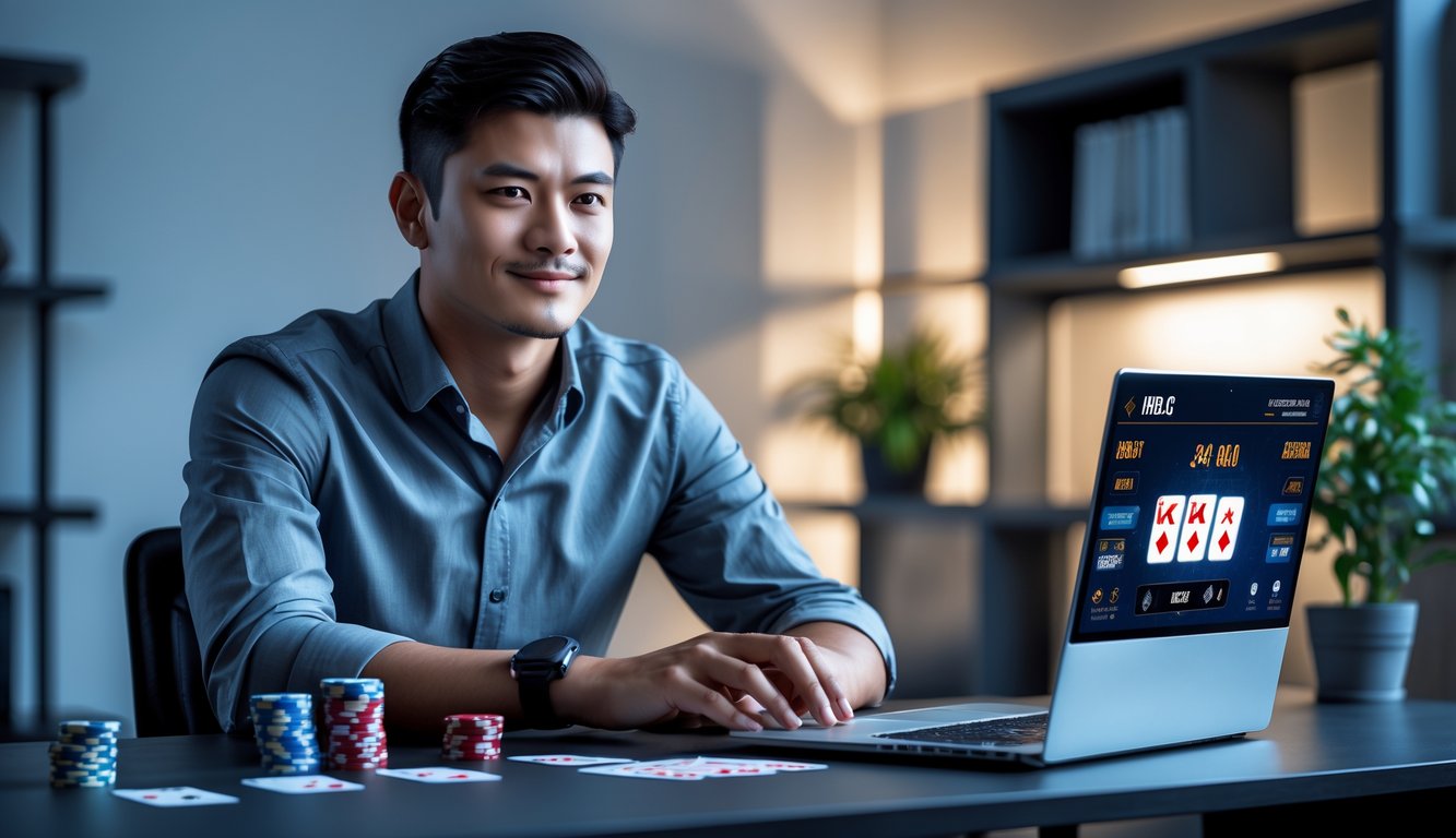 Seorang pria muda duduk di meja dengan laptop dan kartu bermain, fokus pada permainan judi online QQ.
