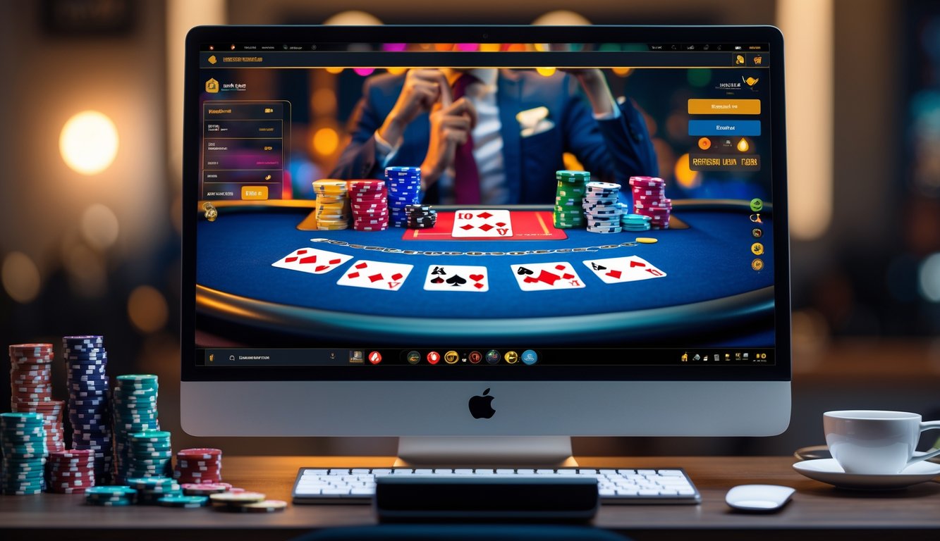 Seorang pemain poker online sedang bermain di depan komputer dengan tumpukan chip poker dan kartu di meja.