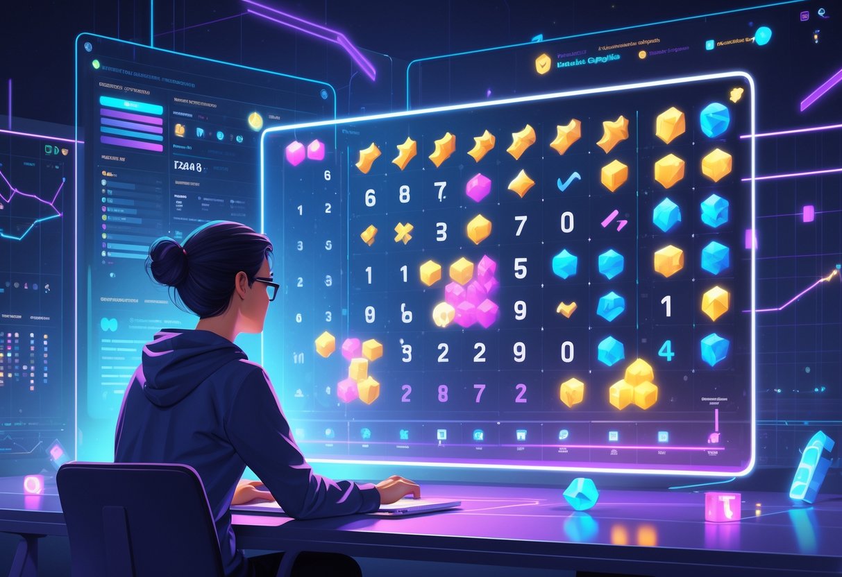 Seorang individu sedang mempelajari antarmuka permainan digital dengan simbol dan pola warna-warni di lingkungan permainan modern.