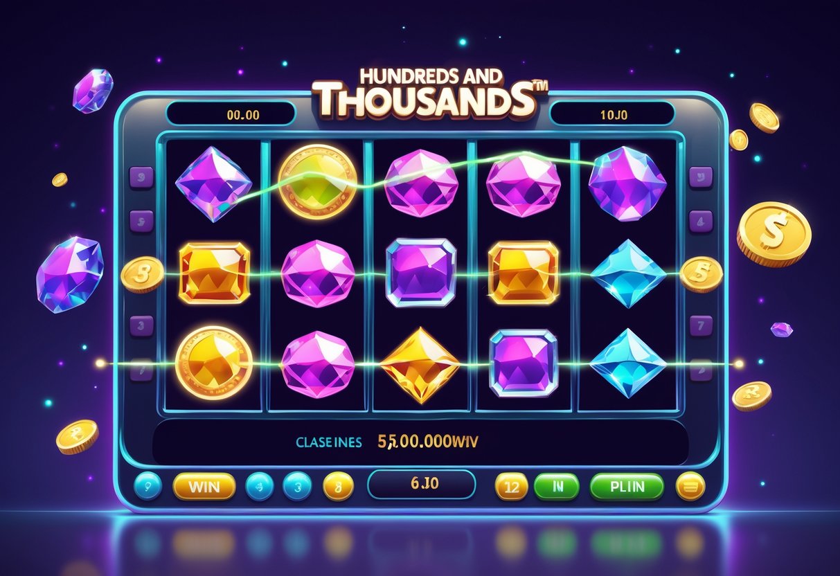 Ilustrasi mesin slot berwarna dengan simbol permata dan pola kemenangan yang menonjol, menampilkan mekanisme permainan Hundreds and Thousands™.