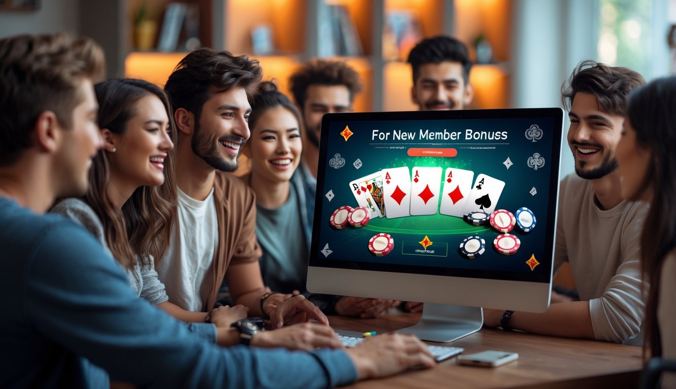 Sekelompok orang muda berkumpul di sekitar komputer yang menampilkan permainan poker online dengan chip dan kartu, suasana hangat dan menyenangkan.
