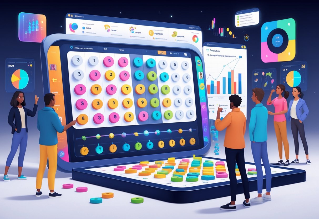 Beberapa pemain sedang menganalisis pola kemenangan dalam permainan digital Hundreds and Thousands dengan layar menampilkan elemen permainan berwarna-warni dan grafik strategi.