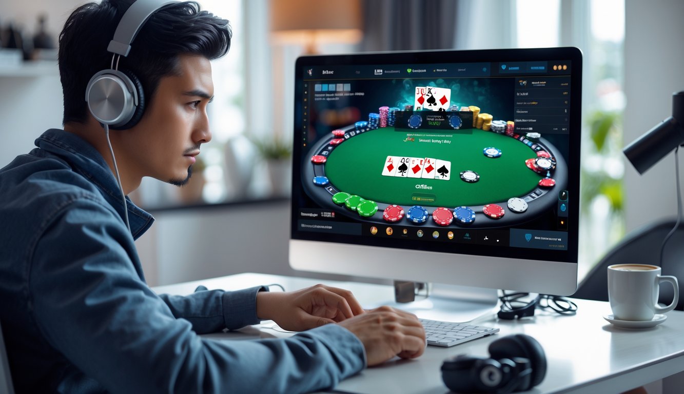 Seorang pemain muda fokus bermain poker online di depan komputer dengan tumpukan chip dan kartu di layar.