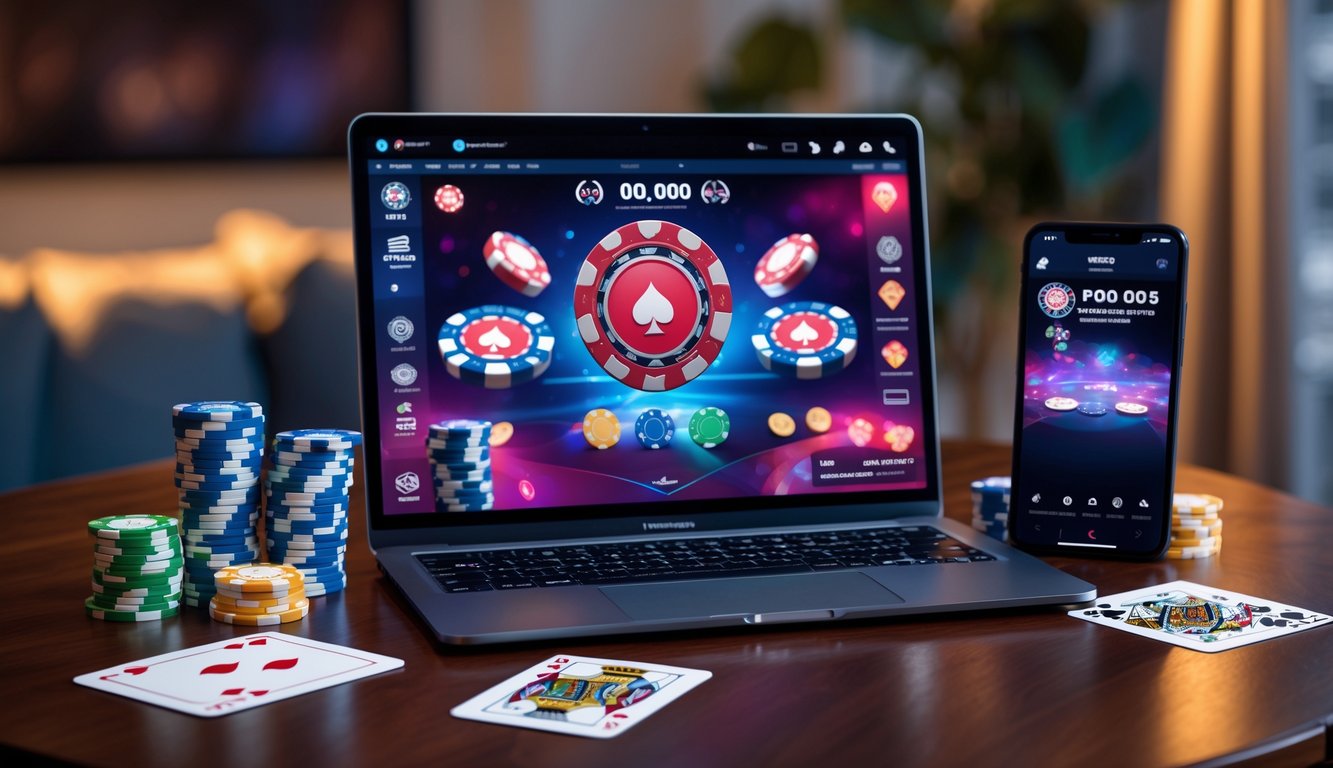 Seorang pemain poker online sedang menggunakan laptop dengan chip poker dan kartu di atas meja kayu di ruangan yang nyaman.