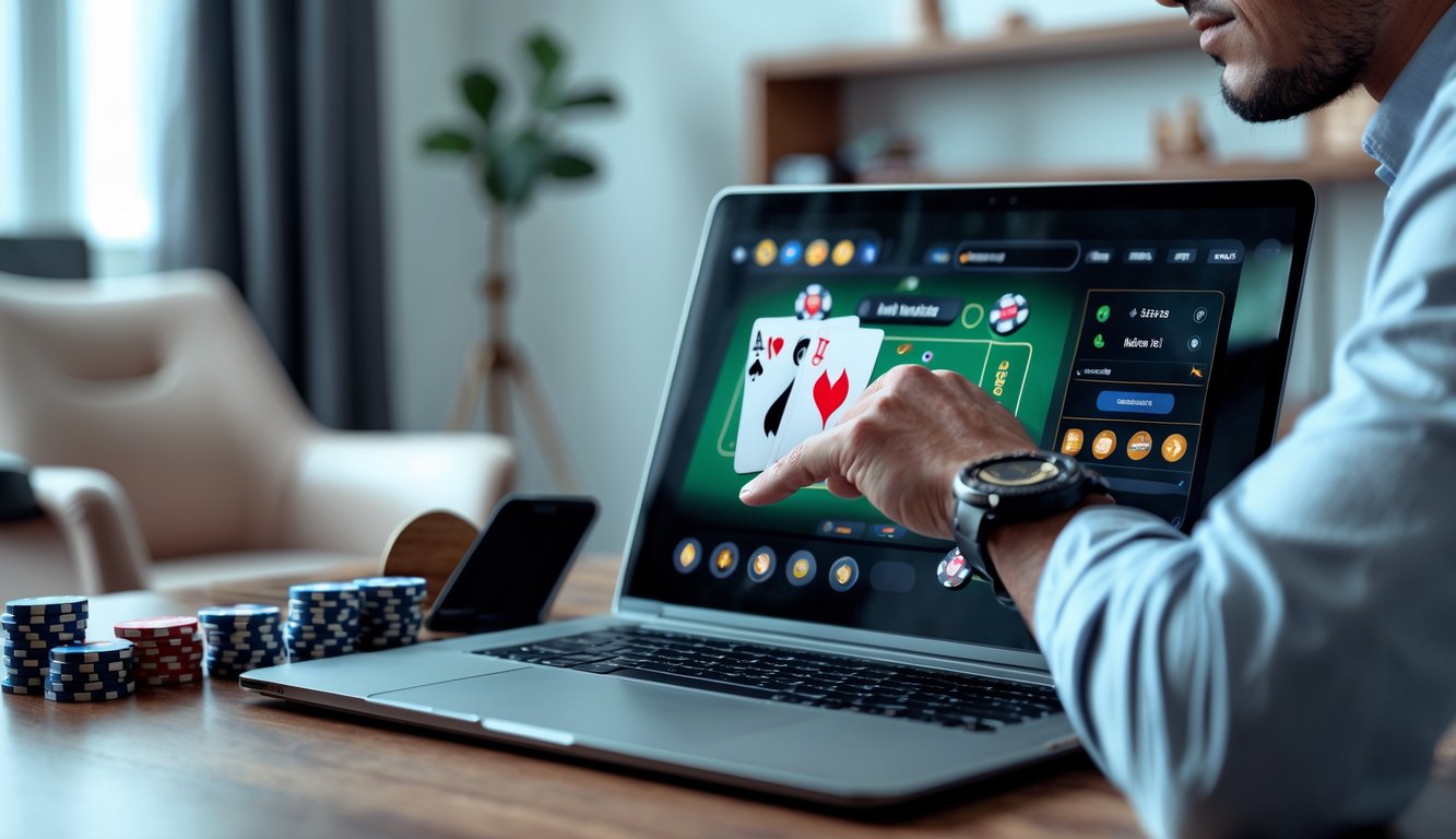 Seseorang sedang bermain poker online di laptop dengan tumpukan chip poker di meja, tampak fokus dan serius.