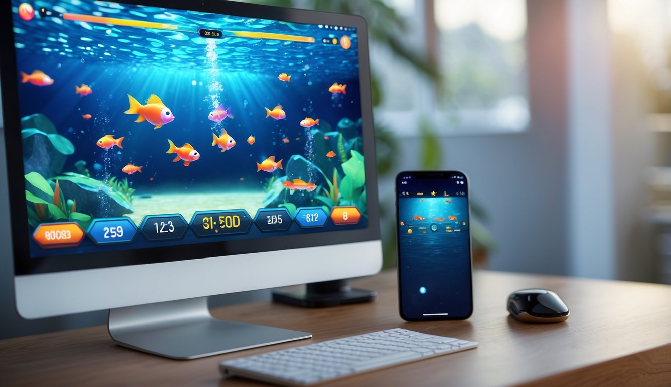 Sebuah meja dengan komputer dan ponsel yang menampilkan permainan menembak ikan secara online dengan latar belakang bawah laut berwarna-warni.