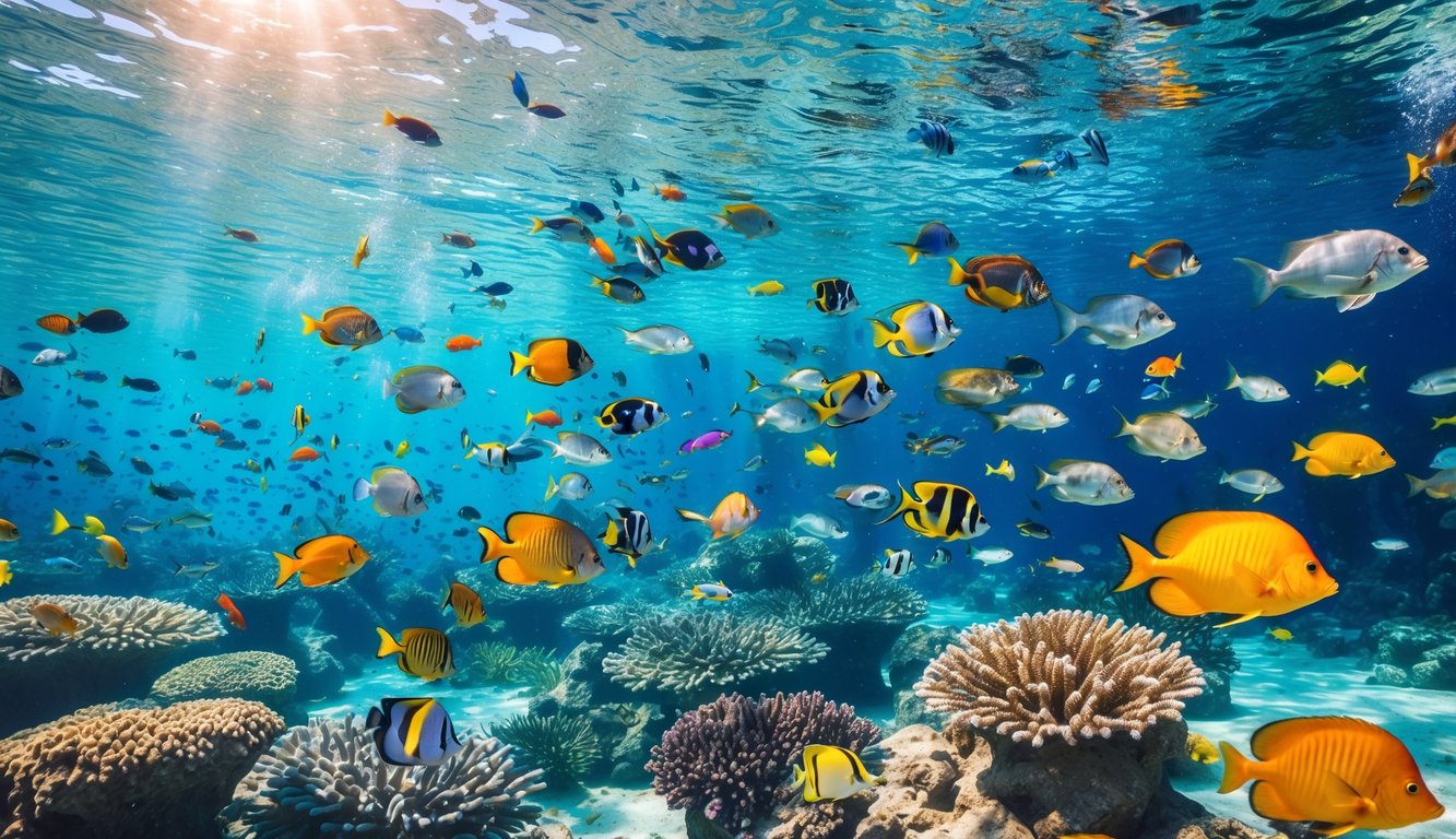 Pemandangan bawah laut dengan ikan berwarna-warni yang aktif berenang di sekitar terumbu karang.
