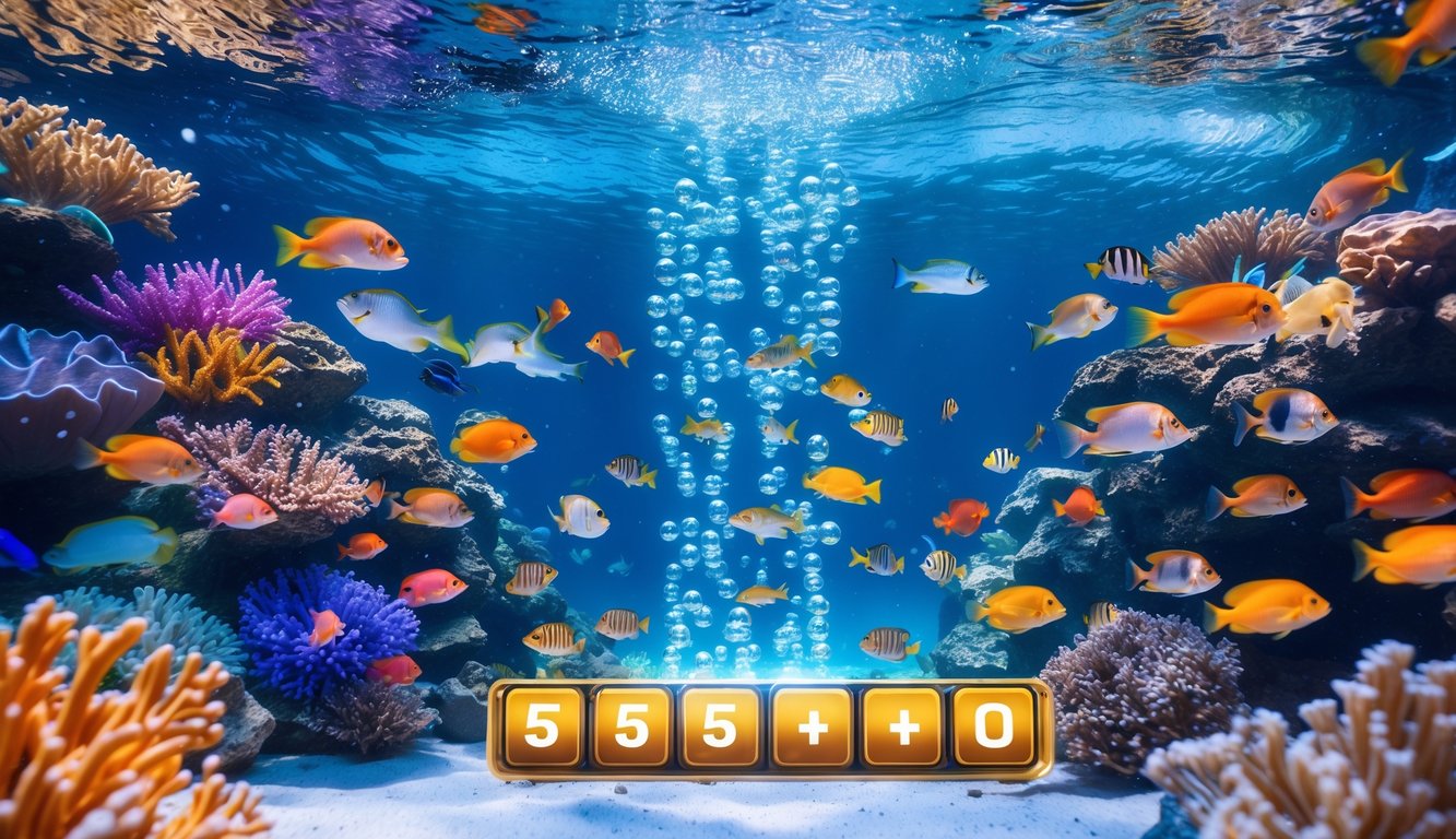 Pemandangan bawah laut dengan berbagai ikan tropis berwarna-warni dan elemen antarmuka permainan jackpot ikan besar.