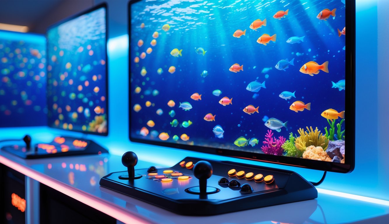 Mesin permainan tembak ikan dengan layar digital berwarna-warni dan konsol permainan modern.