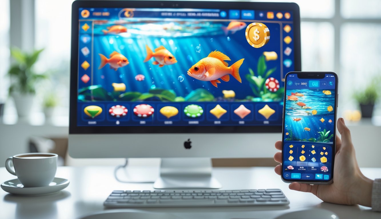 Antarmuka digital modern di komputer dan ponsel menampilkan grafik ikan dan elemen kasino di meja kerja yang rapi.