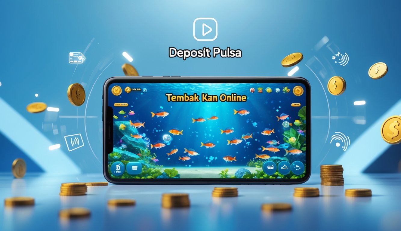 Seseorang memegang smartphone yang menampilkan permainan ikan dengan latar belakang warna biru dan ikon pembayaran digital di sekitarnya.