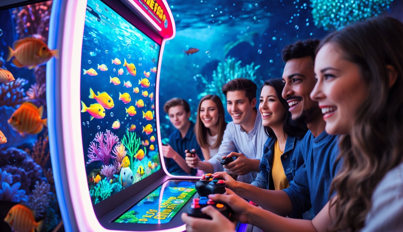 Sekelompok orang muda bermain permainan tembak ikan di mesin arcade dengan latar bawah laut berwarna-warni dan ikan tropis.