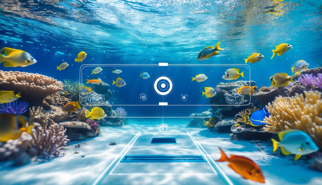 Pemandangan bawah laut yang cerah dengan terumbu karang berwarna-warni dan ikan tropis yang berenang, menampilkan elemen permainan menembak ikan secara digital.