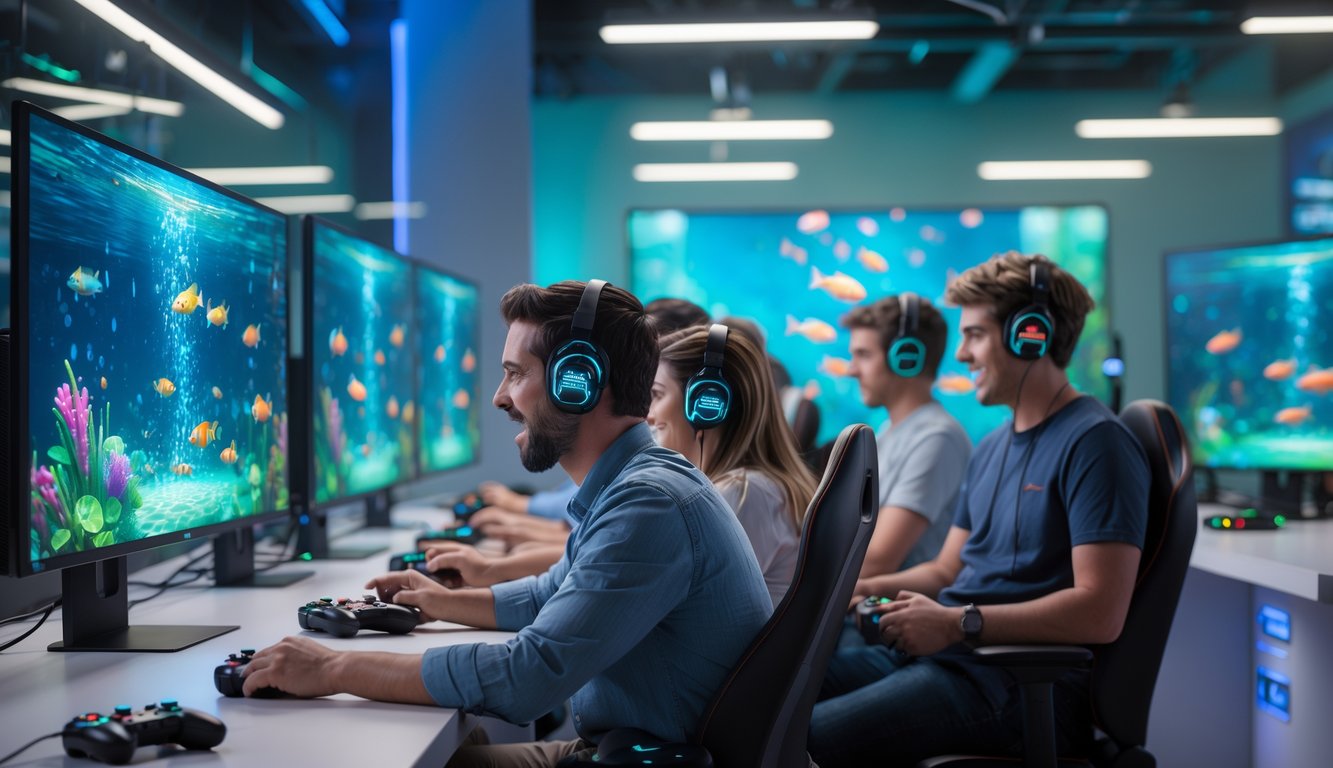 Sejumlah orang muda sedang bermain permainan tembak ikan di sebuah ruang gaming modern dengan layar menampilkan ikan berwarna-warni di bawah air.