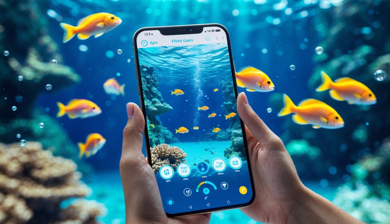 Layar perangkat digital menampilkan permainan memancing ikan dengan latar bawah laut berwarna-warni dan ikan yang berenang.