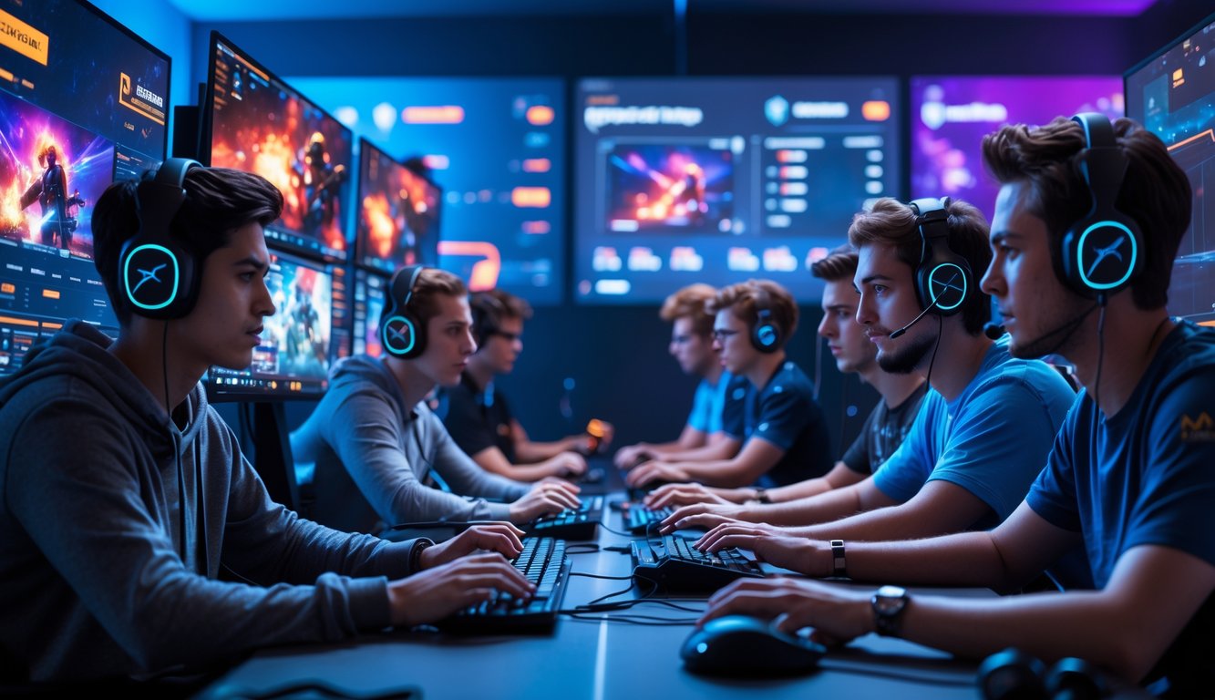 Sekelompok orang muda fokus bermain dan bertaruh pada permainan esports di depan layar komputer dalam ruangan dengan pencahayaan biru dan ungu.