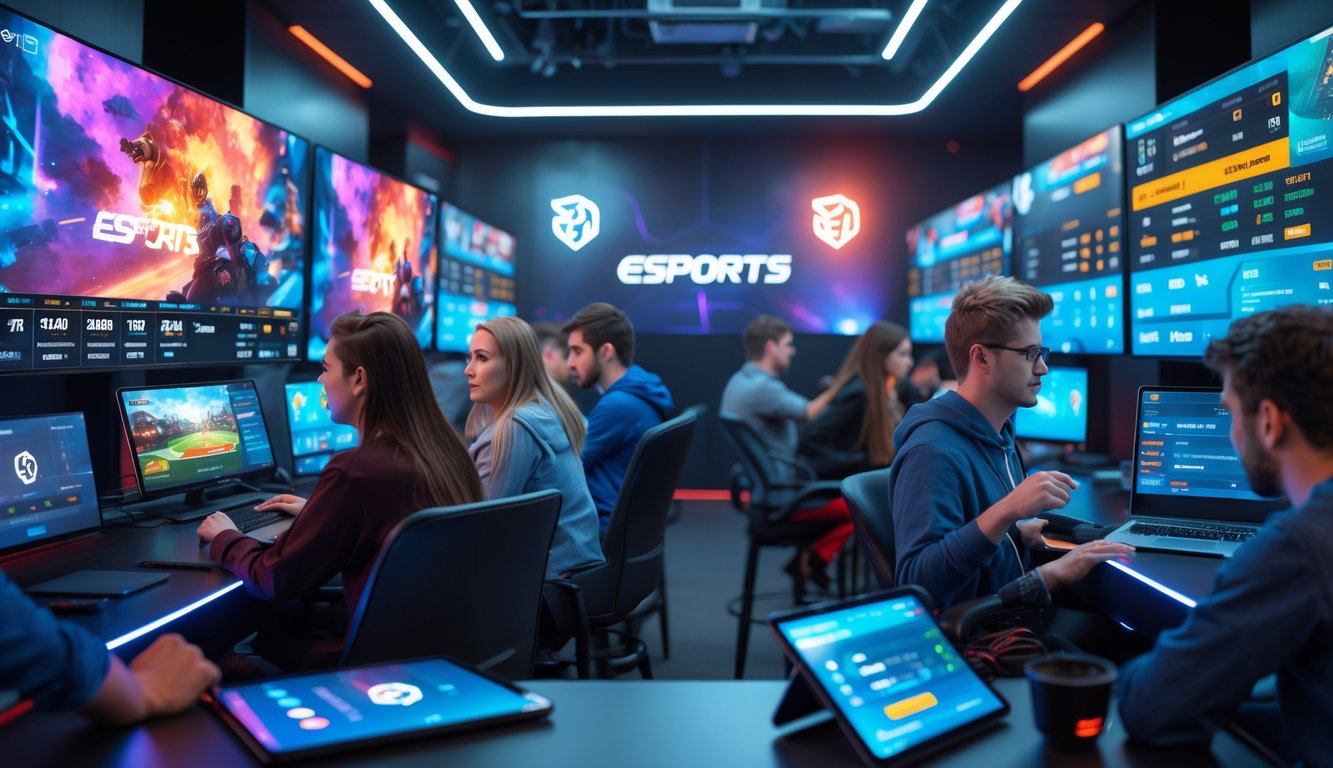 Sekelompok orang muda sedang menggunakan perangkat digital untuk memasang taruhan pada pertandingan esports di sebuah ruangan dengan monitor besar dan pencahayaan neon.
