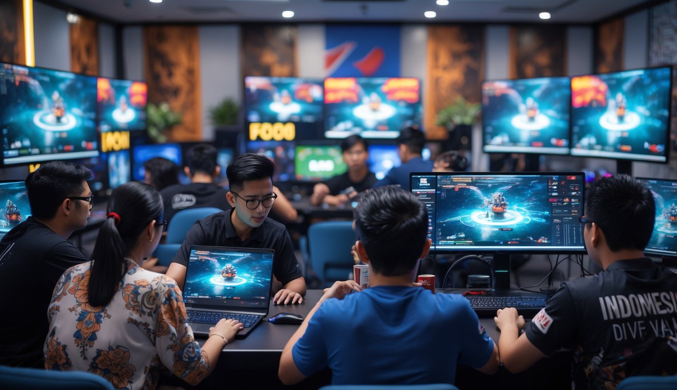 Sekelompok orang muda Indonesia sedang menggunakan komputer dan ponsel untuk bertaruh pada pertandingan esports yang sedang berlangsung di ruangan yang modern dan terang.