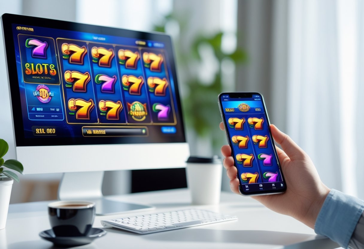 A desktop computer and a smartphone both displaying colorful slot games, with a hand holding the smartphone, set on a modern workspace.