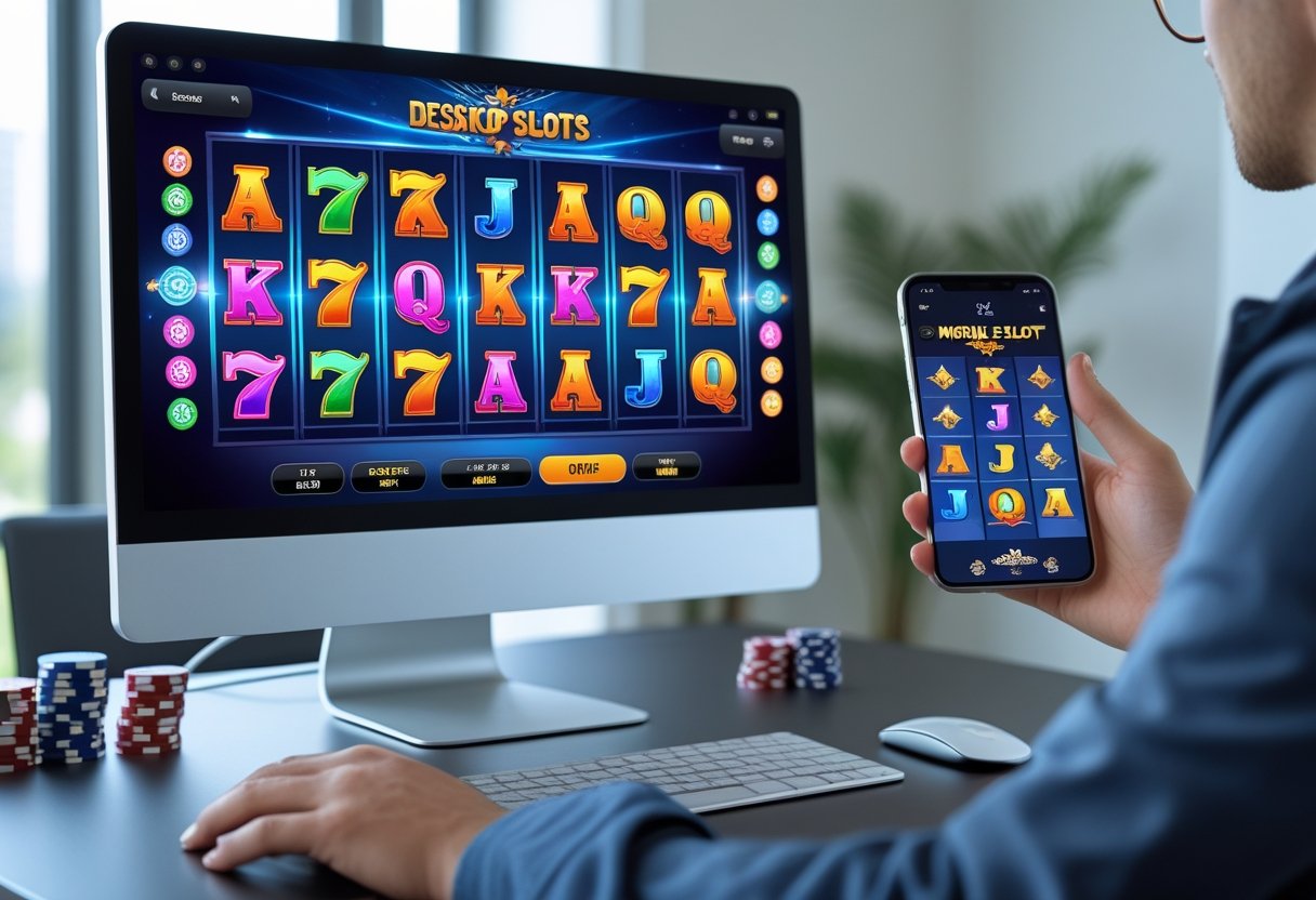A desktop computer and a smartphone side by side, each showing a slot game screen, set on a desk with poker chips and playing cards nearby.